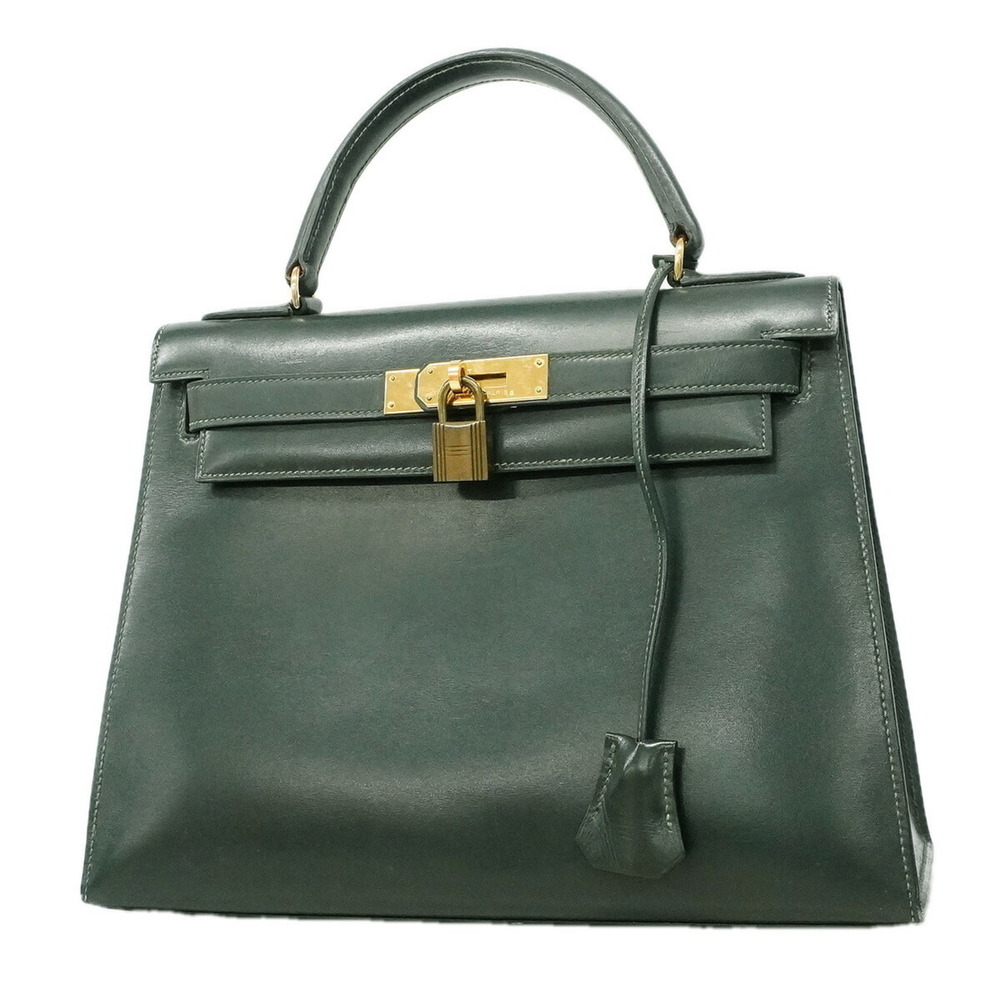 Hermes Kelly 28 Handbag, Box Calf Leather, Green, ○Q Stamp, Ladies'